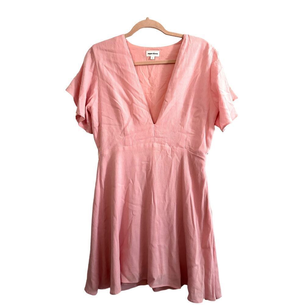 SUPERDOWN Revolve Pink Deep V-Neck Flutter Sleeve Mini Dress - Sz Large